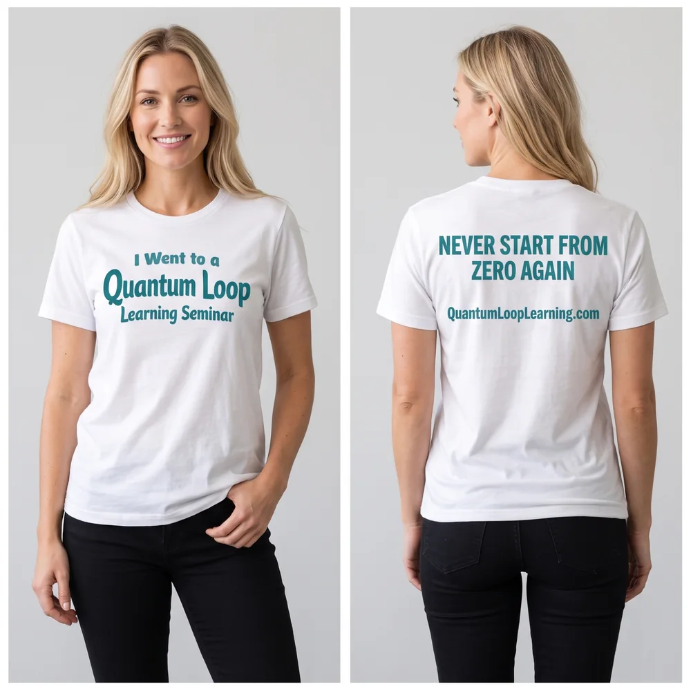 Model wearing the QLL T-Shirt, front and back — Never Start From Zero Again